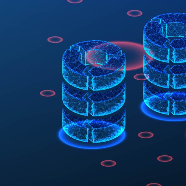 Big Data Access Storage concept. Abstract Low Poly wireframe mesh design. On dark blue background. Vector Illustration